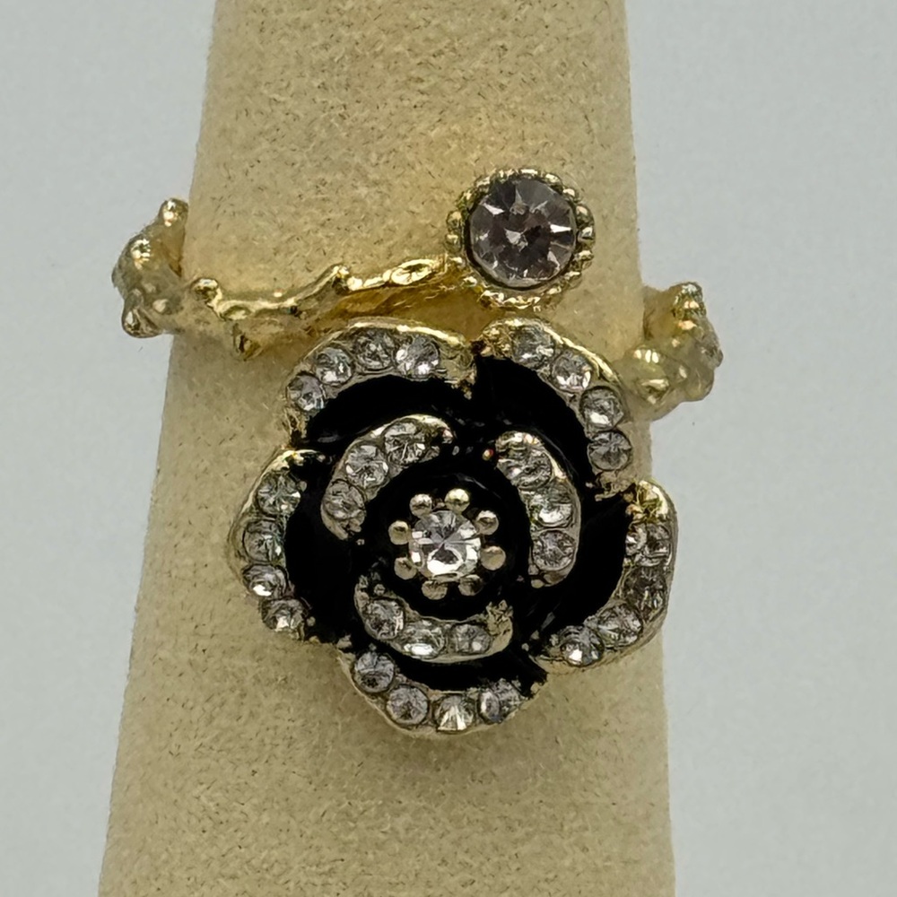 Black Camellia Flower Ring Gold Tone Rhinestone Adjustable Statement